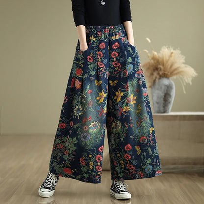 plus Size Denim Wide Leg Pants New Print Elastic Loose Slimming Casual Versatile Straight Cut Denim Pants Commute Sle Cotto...