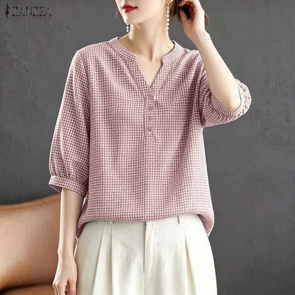 ZANZEA Woman Casual Gingham Blouses V-Neck Half-Button 3/4 Sleeve Plaid Loose Tops 2026 Summer Daily Wear Blusas Mujer 3XL