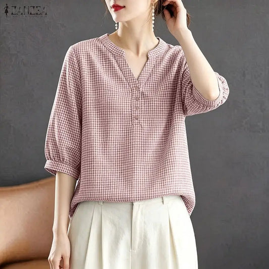 ZANZEA Woman Casual Gingham Blouses V-Neck Half-Button 3/4 Sleeve Plaid Loose Tops 2026 Summer Daily Wear Blusas Mujer 3XL