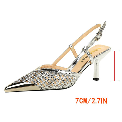 Luxury High-heeled Sandals Women Shoes Pointed Tip Women Pumps Woven Net High Heels Stiletto 7 cm Buckle Summer Ladies Sandals