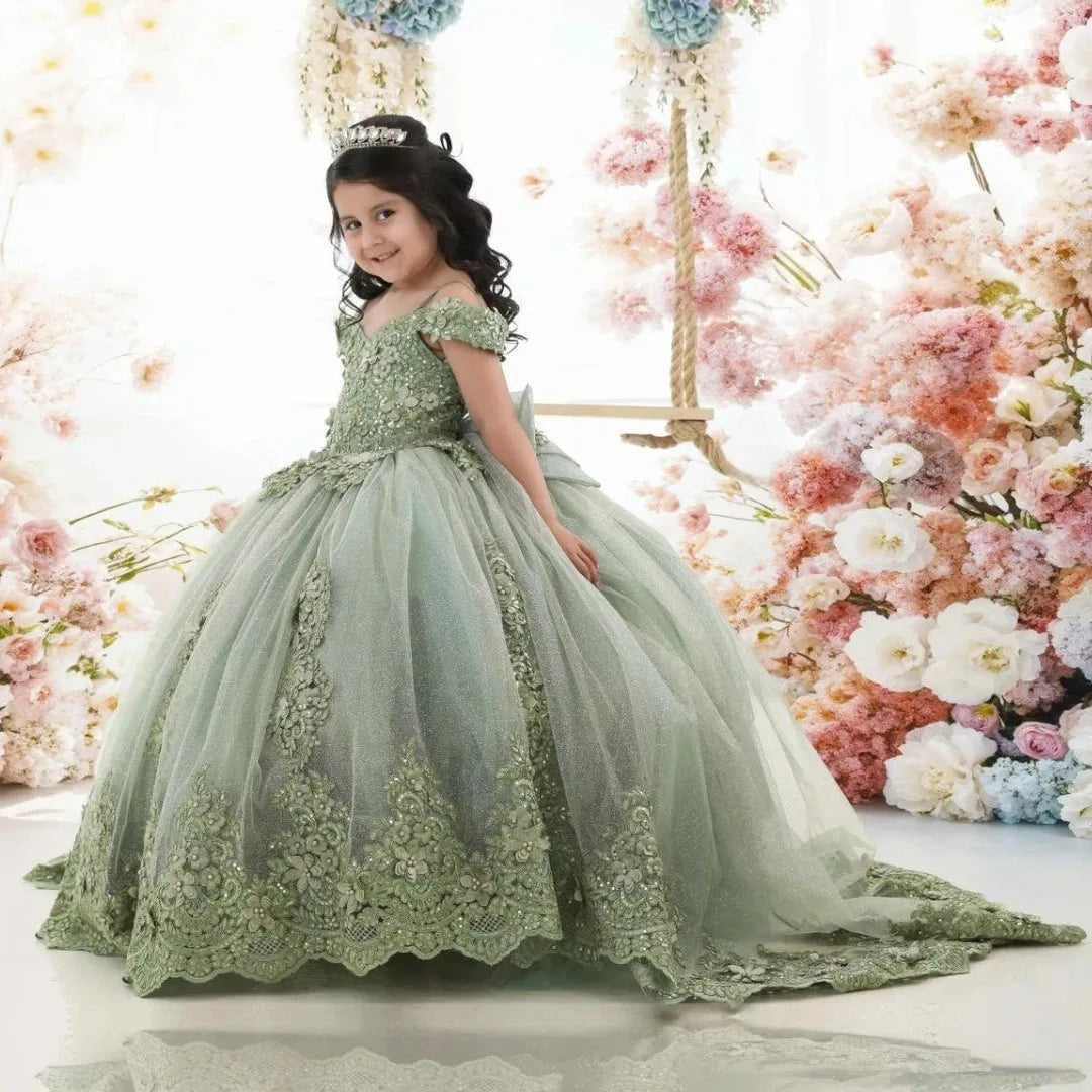 Green Flower Girl Dresses For Wedding Lace Appliques Floor Length Girl Birthday Party Gowns First Communion Gowns Customized
