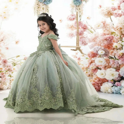 Green Flower Girl Dresses For Wedding Lace Appliques Floor Length Girl Birthday Party Gowns First Communion Gowns Customized