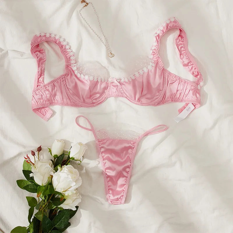 Sweet Pink Satin Lingerie Set Lace Floral Bra Luxury Underwear Bridal Intimate Lingerie Polka Dot Mesh Splicing Sexy Lingerie