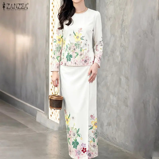 ZANZEA Women Elegant Floral Print 2 Pieces Skirt Sets Sophisticated Long Sleeve Blouses & Elastic Waist Maxi Skirts Co-ords Sets
