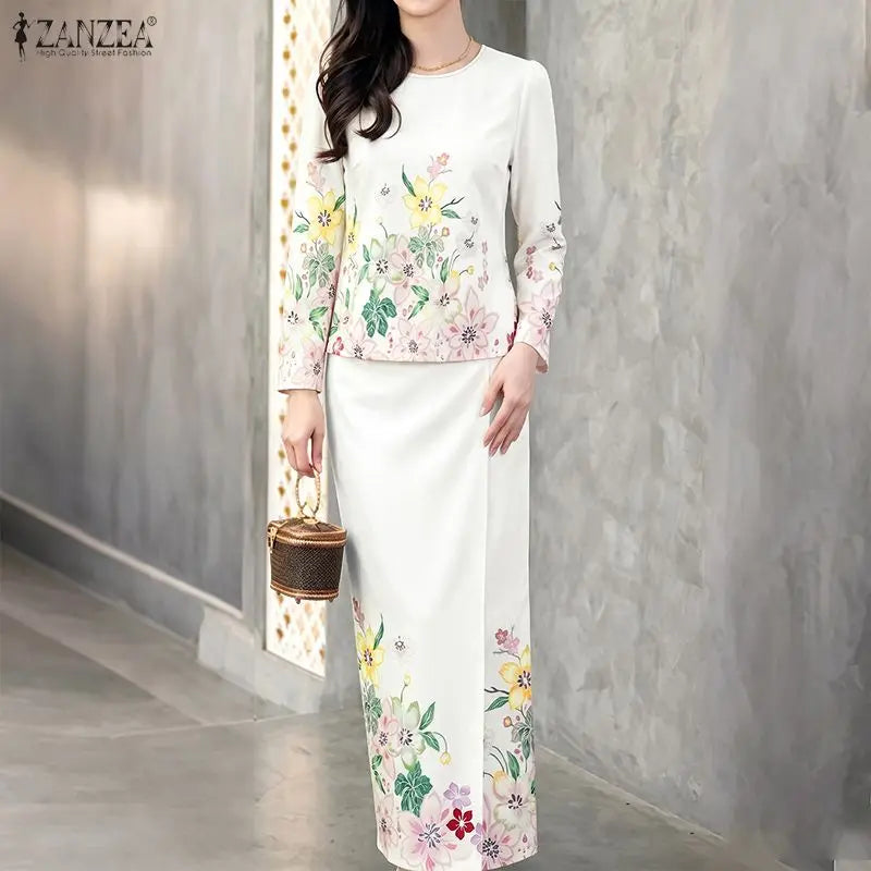 ZANZEA Women Elegant Floral Print 2 Pieces Skirt Sets Sophisticated Long Sleeve Blouses & Elastic Waist Maxi Skirts Co-ords Sets