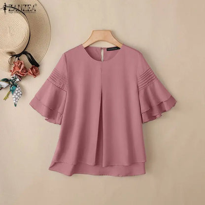 ZANZEA Women Blouse Elegant Ruffle Half Sleeve Casual Pleated O Neck Solid Loose OL Work Tunic Tops Blusas Streetwear Oversize