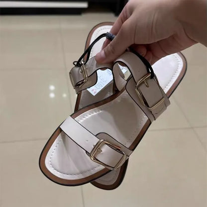 Comfortable Beige Soft Leather Flat Sandals Women Fashion Metal Buckle Designer Shoes Summer Sexy Open Toe Non Slip Beach Shoes