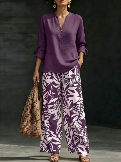 Women 2 Piece Outfit Notched V‑Neck Button Blouse Top Leaf Print Elastic Waist Wide Leg Pants Set Casual Holiday Boho Vacation Outfit With Pockets