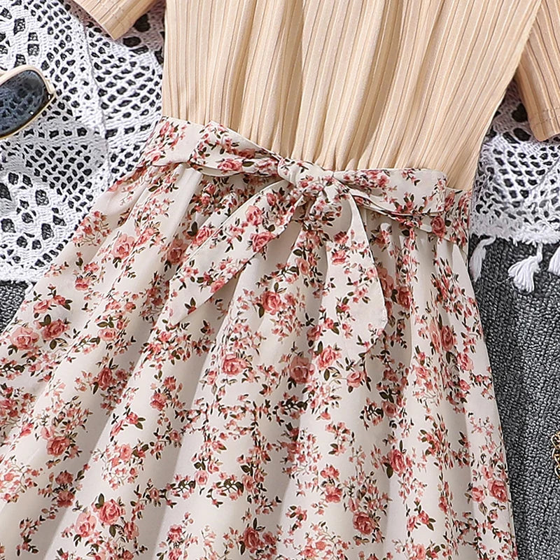 Beige Knitted Square Collar Patchwork Belted Ditsy A-line Dress Casual Style Tween Kids Dress Vacation Outgoing Daily Dress