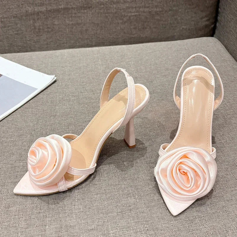 Summer Fashion Silk Rose Flowers Back Strap Heeled Sandals Women Pointed Open Toe Red High Heels Wedding Prom Shoe Zapatos Mujer