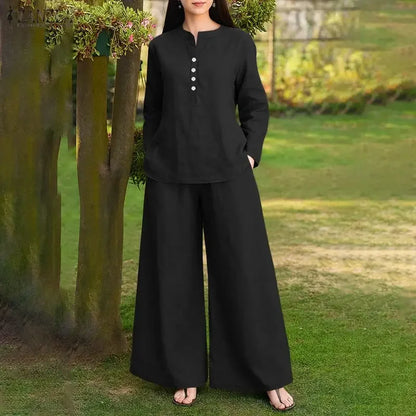 2026 ZANZEA Spring 2 Piece Sets Fashion Women Long Sleeve Tops Pants Sets Casual Solid Outfits Work Tracksuit Wide Leg Trousers