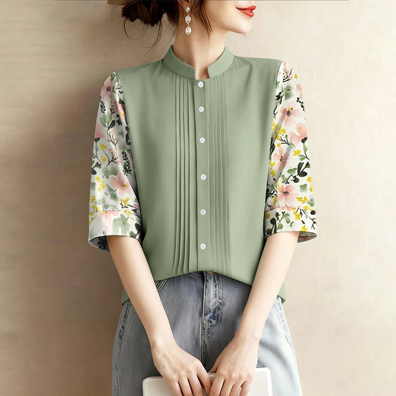 ZANZEA Elegant Floral Printed 3/4 Sleeve Shirts Women Fashion Stand Collar Button Up Pintuck Patchwork Blouses Spring Woman Tops