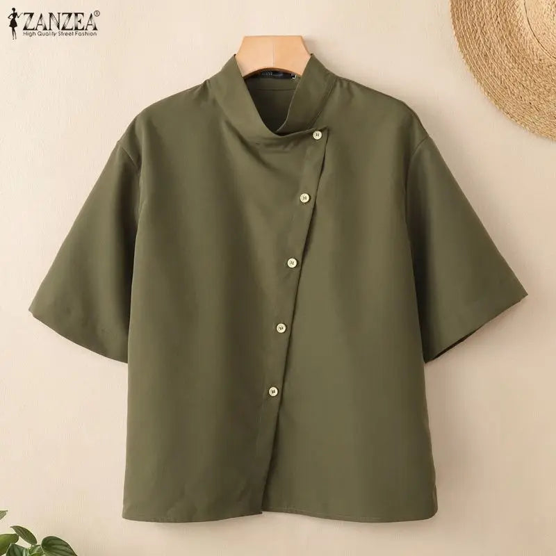 ZANZEA Women's Fashion Diagonal Front Shirts Casual Stand Collar Half Sleeve Button Up Tops Summer Solid Color Chemises Femme