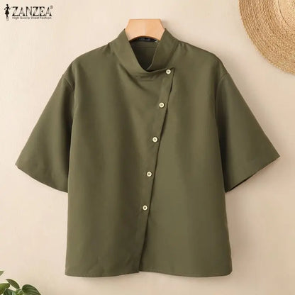 ZANZEA Women's Fashion Diagonal Front Shirts Casual Stand Collar Half Sleeve Button Up Tops Summer Solid Color Chemises Femme