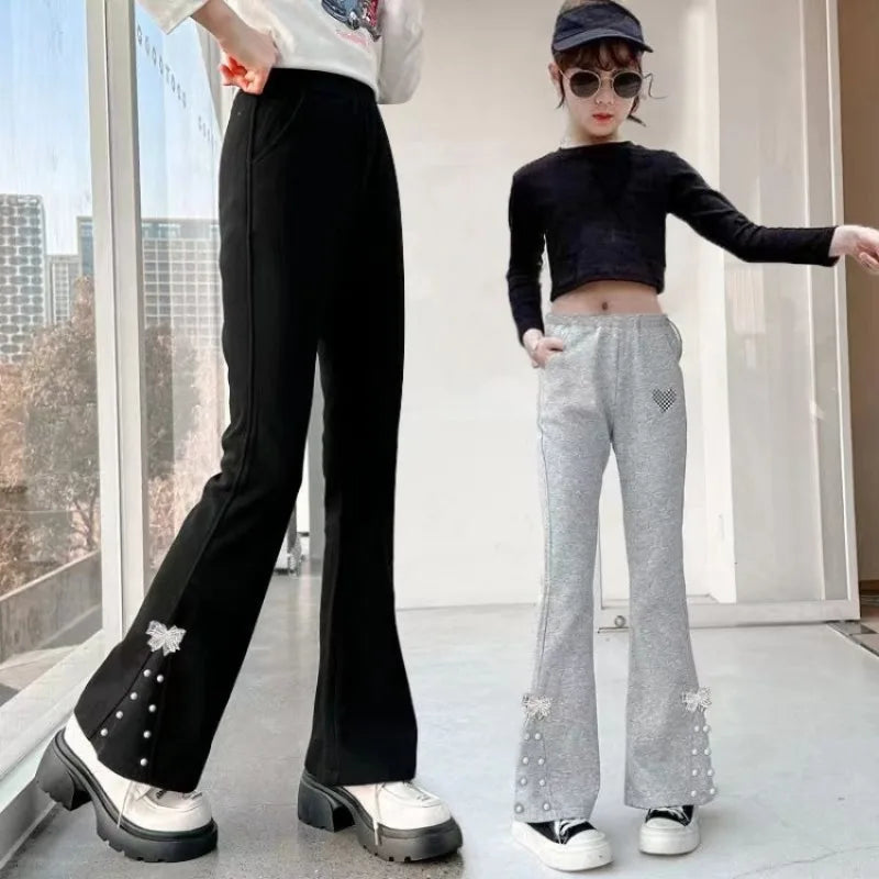 Girls' Micro Flare Pants 2026 Spring Autumn Outerwear for Ages 5-12 Stretchy Viral Fashion Trousers with Elastic Waist