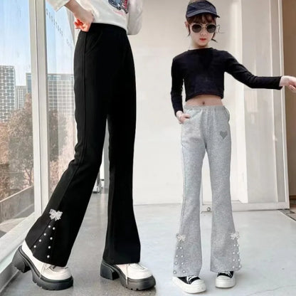 Girls' Micro Flare Pants 2026 Spring Autumn Outerwear for Ages 5-12 Stretchy Viral Fashion Trousers with Elastic Waist