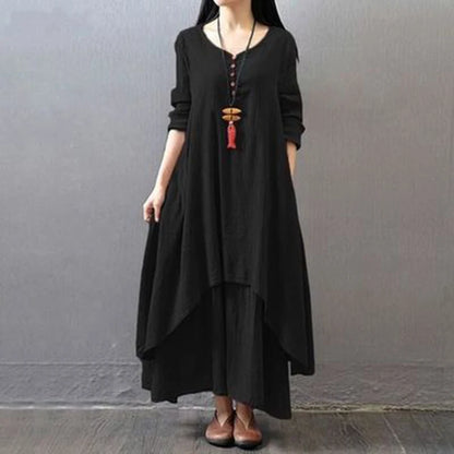 Irregular Button Women's Cotton and Linen Pocket Dress Korean Round Neck Short Sleeved Loose Solid Color Irregular Double-Layer