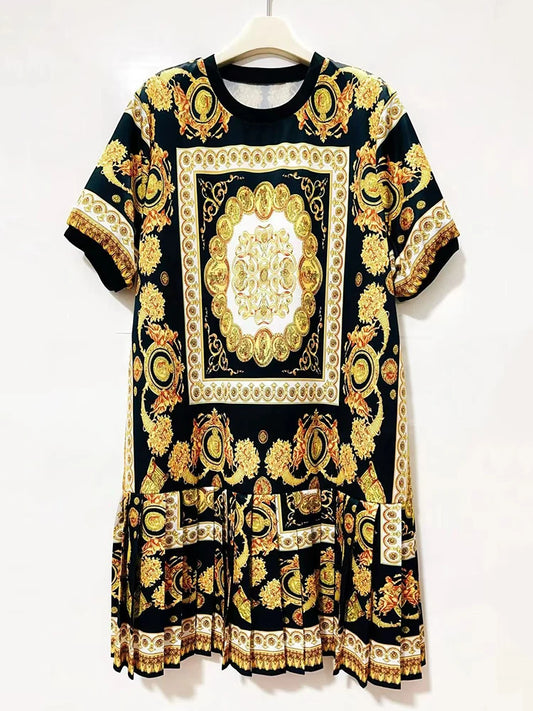 Retro geometric print round neck pullover dress 2026 summer women's T-shirt skirt fashionable loose oversized puffy skirt