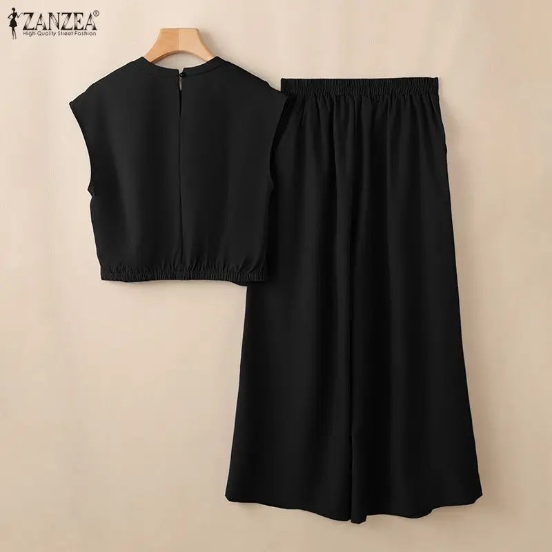 ZANZEA Fashion Casual O Neck Short Sleeve Blouse Pant Sets Summer Women Outfits Trousers Suit Solid Color Tracksuit Matching Set