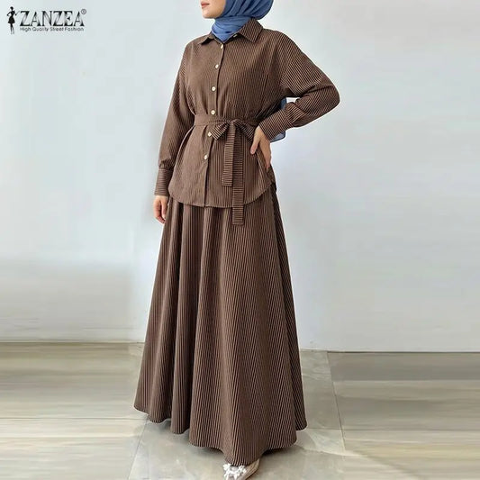 Women Muslim 2 Pieces Sets ZANZEA Ramadan Outfits Fashion Lapel Long Sleeve Shirt Dress Sets Elegant Striped OL Work Skirt Suit