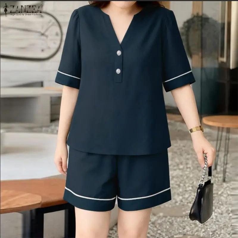 ZANZEA Summer 2PCS Outfit Women 2 Pieces Sets V Neck Short Sleeve Blouse Short Sets Stylish Casual Color-Blocking Tracksuit 2026