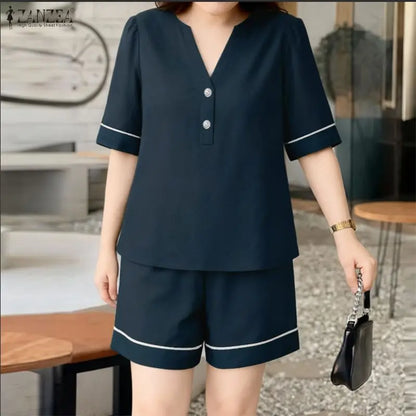 ZANZEA Summer 2PCS Outfit Women 2 Pieces Sets V Neck Short Sleeve Blouse Short Sets Stylish Casual Color-Blocking Tracksuit 2026