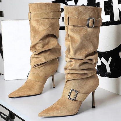 BIGTREE Shoes 2026 Pointed Women Mid-Calf Boots Pleated Belt Buckle Design Women Boots Stiletto Heels 9 cm Sexy High-heeled Boot