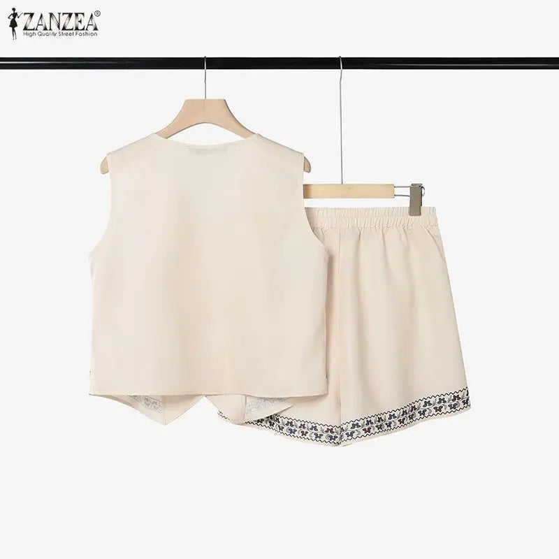 ZANZEA Women Ethnic Floral Printing Short Sets V-Neck Sleeveless Top & Elastic Waist Shorts Matching Sets Summer 2 Piece Co-ords