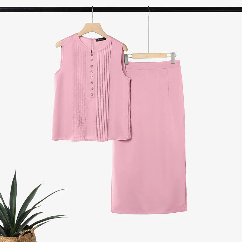 Summer Sleeveless Tank Tops A Line Midi Dress Sets ZANZEA 2PCS Women OL Work Outfits Casual Solid Color 2 Pieces Sets Skirt Suit