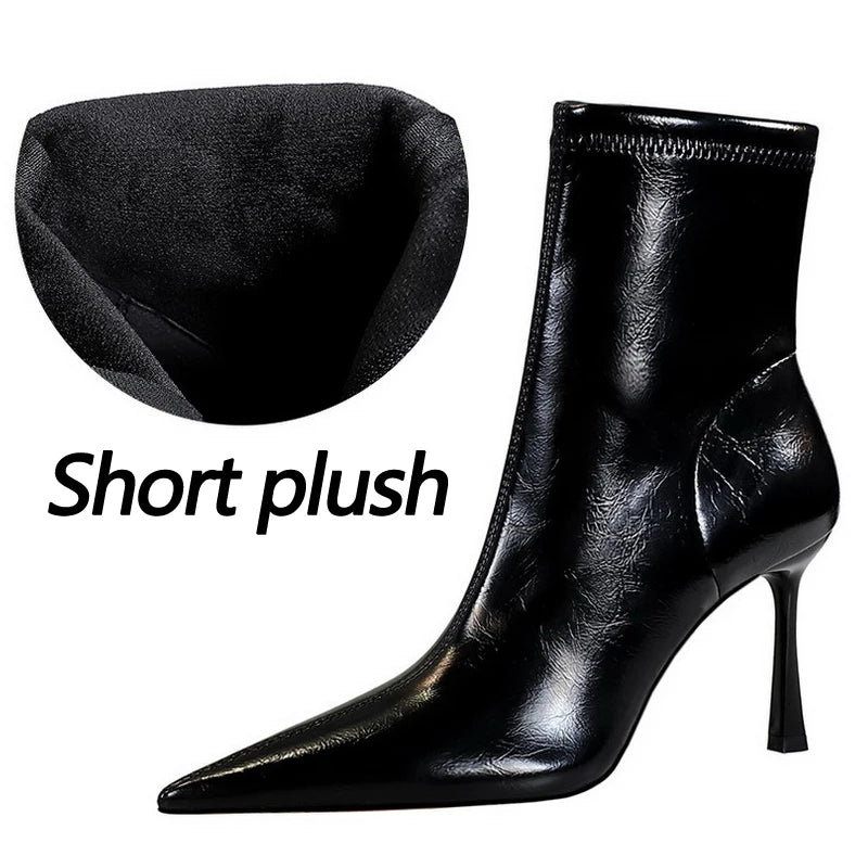 BIGTREE Shoes Women Leather Boots Sexy Women's Ankle Boots High Heels Plush Warm Autumn Winter Shoes Stilettos Short Boots Lady