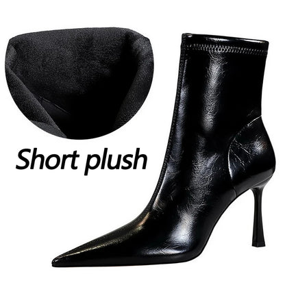 BIGTREE Shoes Women Leather Boots Sexy Women's Ankle Boots High Heels Plush Warm Autumn Winter Shoes Stilettos Short Boots Lady