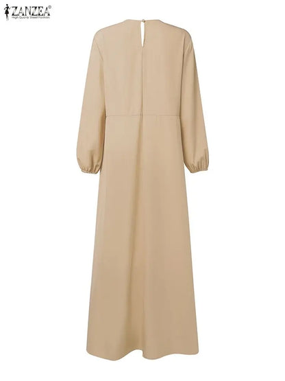 2026 Fashion Muslim Abaya Dress ZANZEA Women Elegant Long Sleeve Patchwork Party Dress Dubai Robe Spring A Line Pleated Sundress