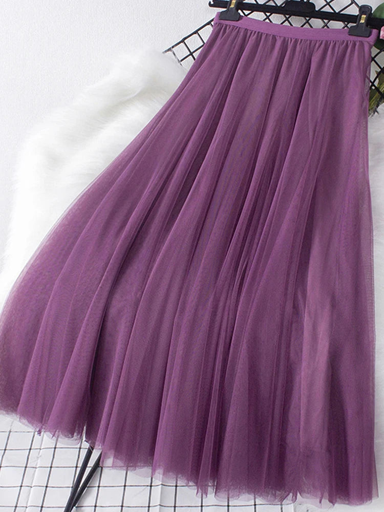 New Big Hem Long Tulle Skirt Women Korean Casual Simple Solid 3 Layers A Line High Waist Maxi Skirt Female Lady Purple