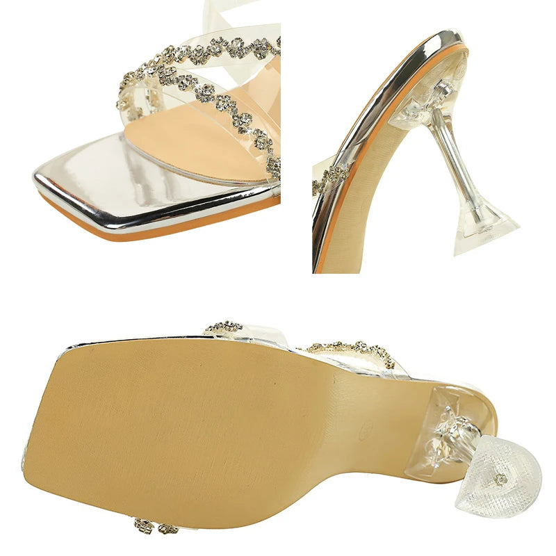 Luxury Women High-Heeled Sandals Summer Rhinestone Design Women Sandals Square Toed Sexy Slippers Transparent Tape Women Pumps