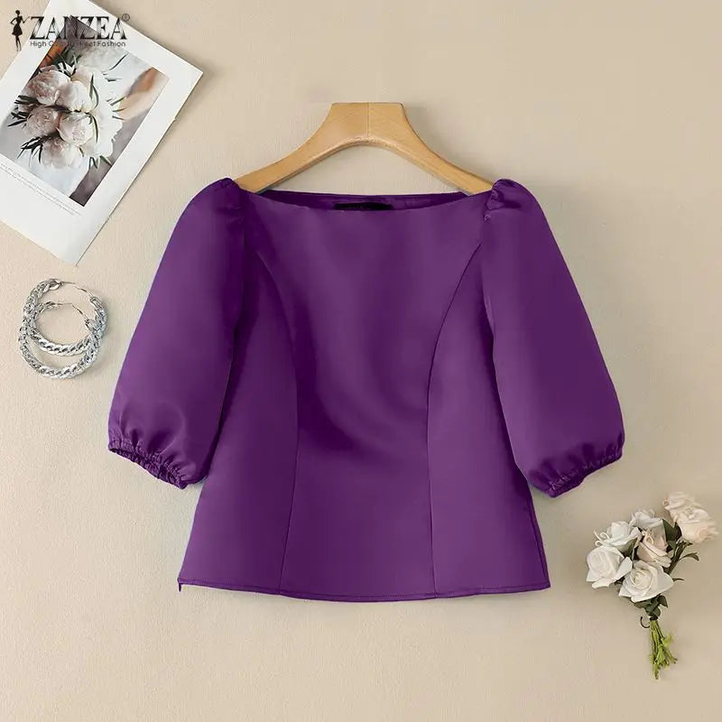 ZANZEA Woman Elegant Satin Blouses Boat Neck Puff Sleeves Princess Seams Solid Color Crop Tops Summer Graceful Party Blusa Mujer