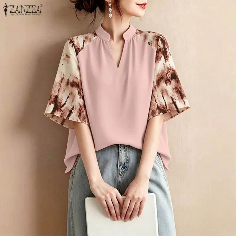 ZANZEA Elegant Blouses for Woman Patchwork Fashion Printed 3/4 Sleeve V-Neck Loose Tops Summer Daily Casual Blusas de Mujer