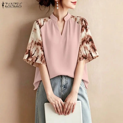 ZANZEA Elegant Blouses for Woman Patchwork Fashion Printed 3/4 Sleeve V-Neck Loose Tops Summer Daily Casual Blusas de Mujer