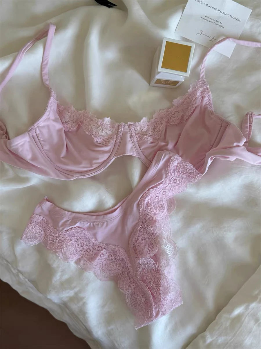 Lace Bra Set Women Thin Transparent Mesh With Steel Ring Bras+Low Waist Panties Female Pink Sweet Bra Sets Underwear 2026 New