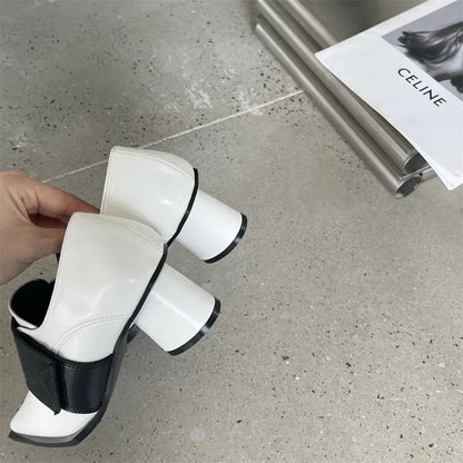 2025 New Dress Office Women Pumps Spring Summer Mature Retro PU Leather Fashion Chain Pointed Toe Thick Heels Shoes Woman