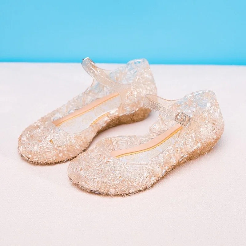 Girls Low Heel Princess Shoes Children New Summer Sandals Girls PVC Jelly Shoes Cinderella Crystal Shoes Kids Slope Heel Sandals
