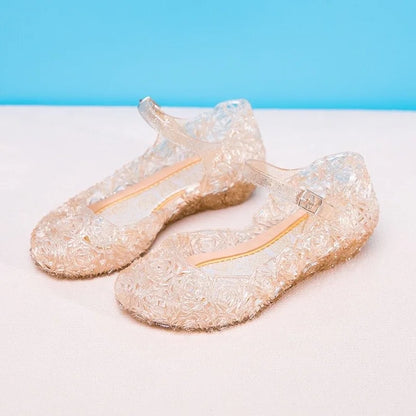 Girls Low Heel Princess Shoes Children New Summer Sandals Girls PVC Jelly Shoes Cinderella Crystal Shoes Kids Slope Heel Sandals