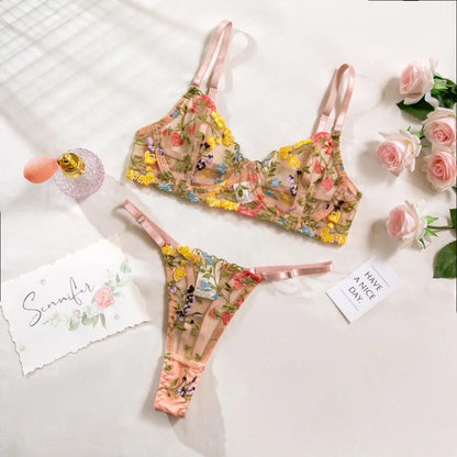 2-Piece Fashion Floral Lingerie Set Embroidery Sheer Underwear Intimates Underwire Push-up Versatile Bra Panty Set For Lady Girl