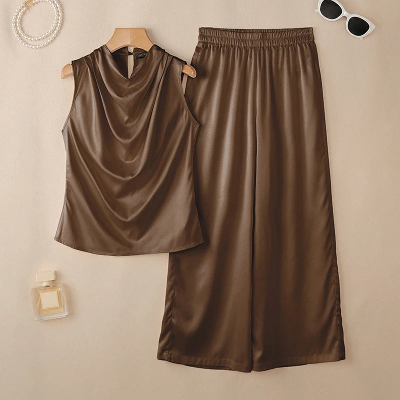 ZANZEA Summer Office Outfits Women Elegant Swing Neck Sleeveless Tanks Tops Pant Sets Fashion OL Work Satin Tracksuit 2 Pieces