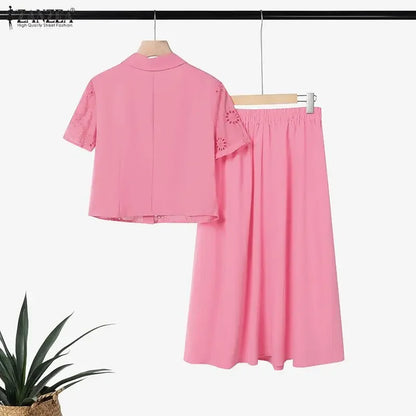ZANZEA Elegant Short Sleeve Hollow Out Shirt Dress Sets Women 2 Piece Sets Summer Outfits 2026 Stylish Solid OL Work Skirt Suit