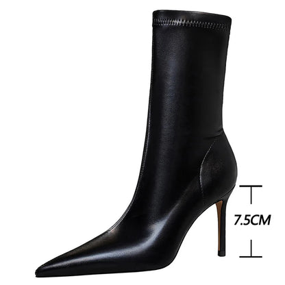 BIGTREE Shoes 2026 New Women Mid-Calf Boots Pointed Toe High-heel Boots Stiletto Heels Leather Boots Fashion Autumn Winter Boots