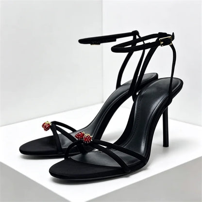 Elegant Cross Straps 10cm Thin High Heels Women Sexy Open Toe Heeled Sandals Luxury String Bead Decoration Party Dress Shoes