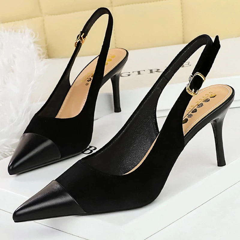 BIGTREE Shoes Suede Women Pumps Splicing Pointed Tip High Heels Hollow Out Hook Strap Heeled Sandals Women Summer Shoes Size 43