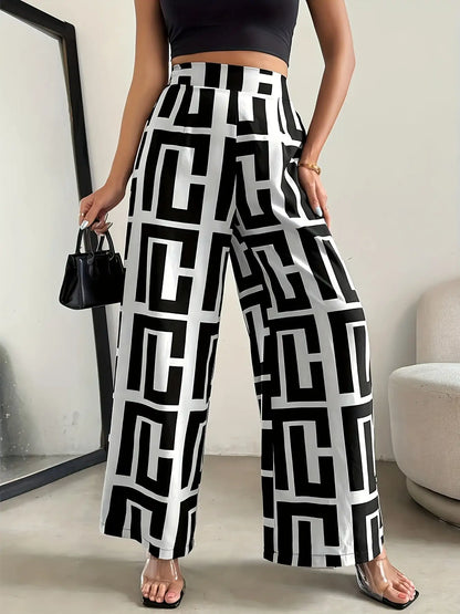 2026 Casual Elegant Bohemian Style - Wide Leg Elastic Waist Two tone Checkered Printed Loose Pants Wide Leg Pants