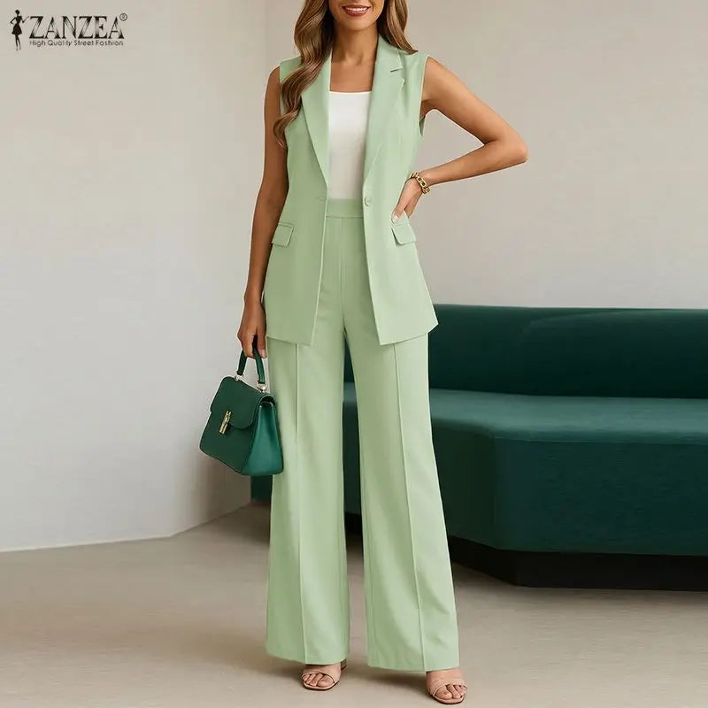 ZANZEA Women's Elegant Matching Pant Sets Summer Lapel Collar Vests Tops & Wide Leg Pants 2 Piece Suits Commute Work Tracksuits