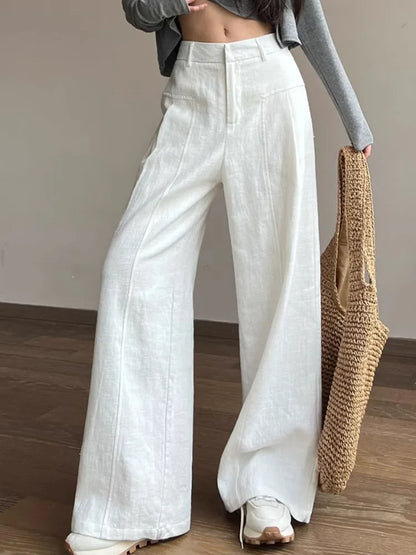 Summer White Pants For Women Cotton Formal High Waist Wide Leg Trousers Ladies Elegant Summer Women's Pants Straight Leg Office